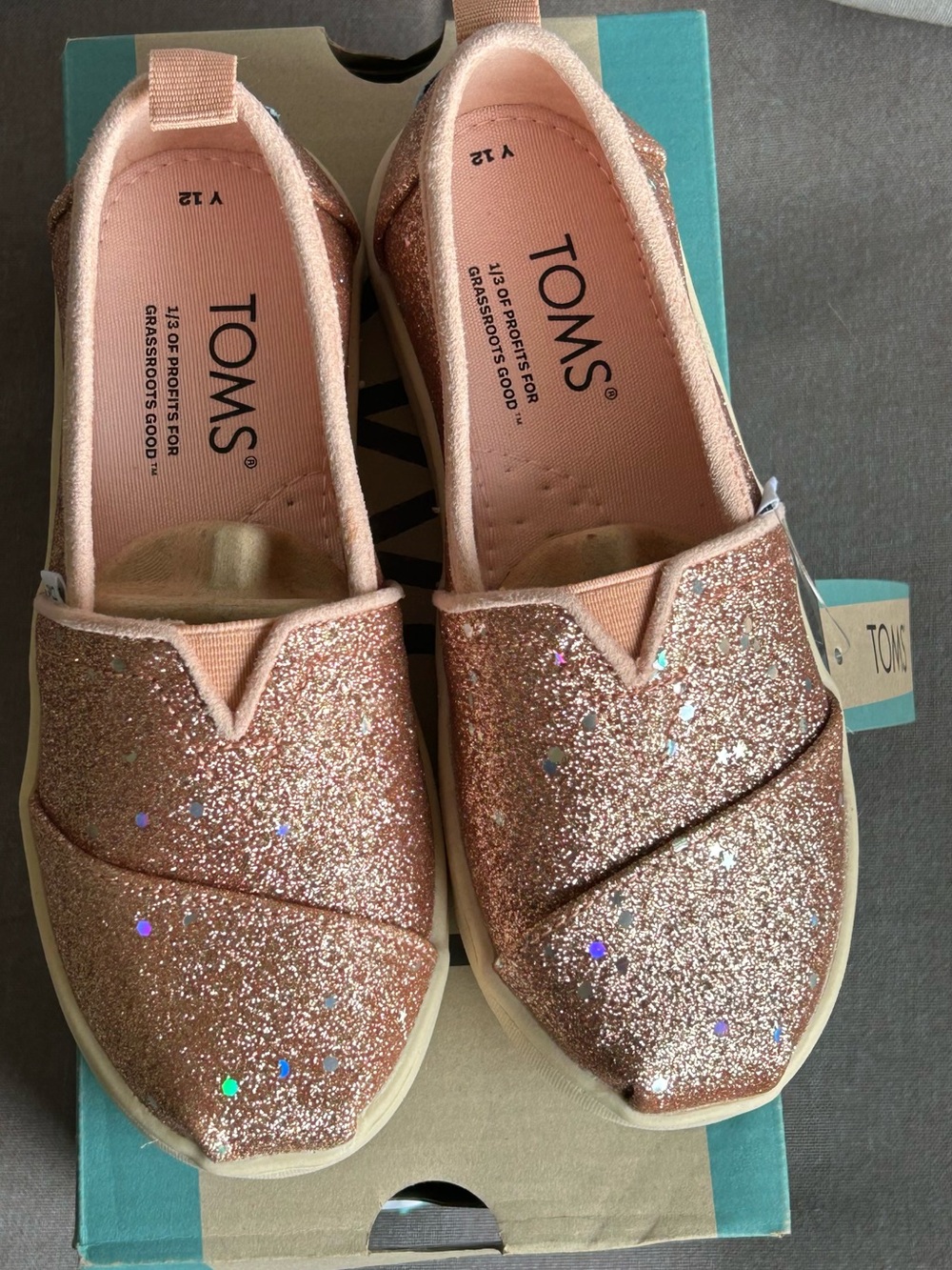 NWT - Toms Pink Rose Gold Glitter Slip-On Shoes Size 12